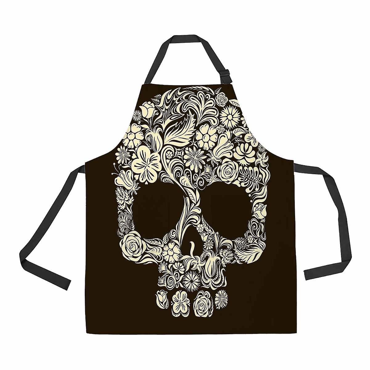 Skull Of Floral Shapes Unisex Adjustable Bib Apron With Pockets For Commercial Restaurant And Home Kitchen Use