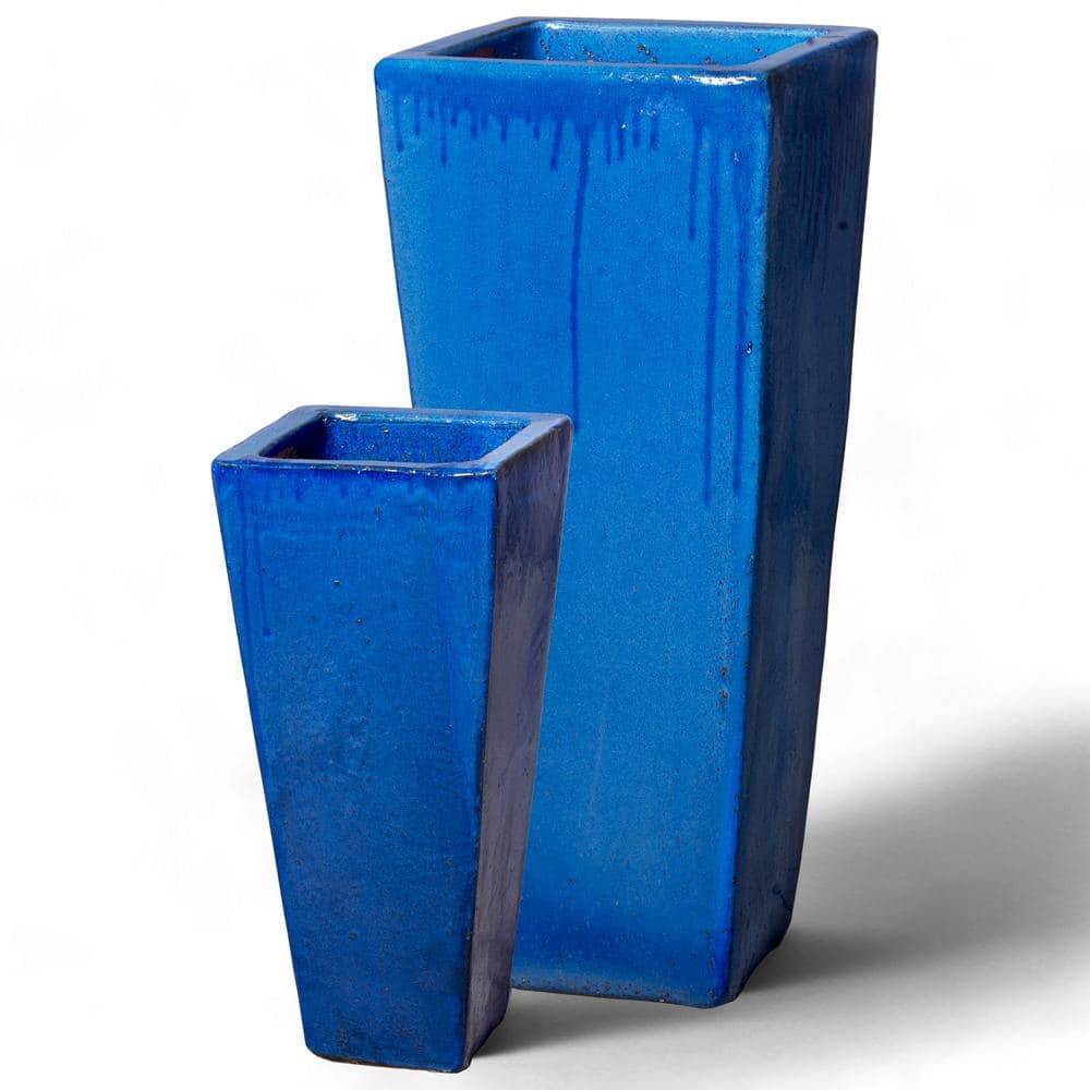 Emissary Tall 15 in. L x 35 in. H Blue Ceramic Square Planter with Drainage Hole 12757BL-2