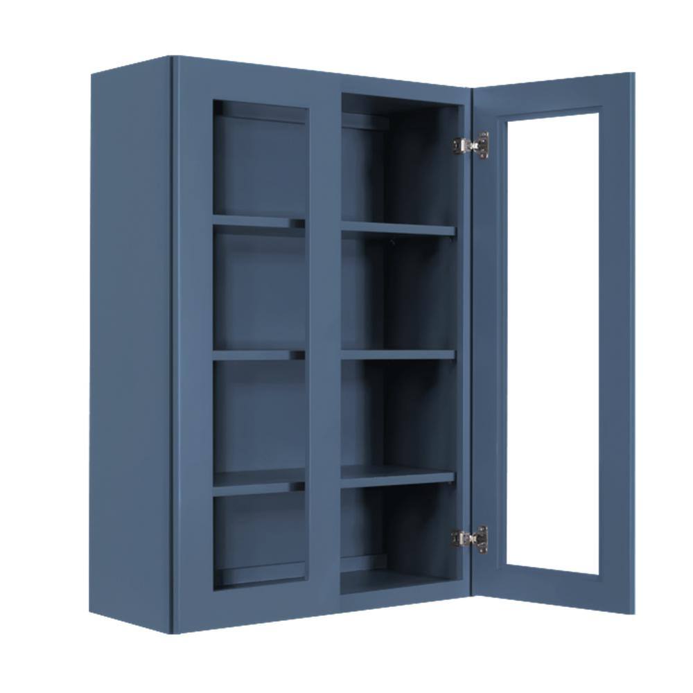 LIFEART CABINETRY Lancaster Blue Plywood Shaker Stock Assembled Wall Glass-Door Kitchen Cabinet 36 in. W x 12 in. D x 42 in. H ALB-WMD3642