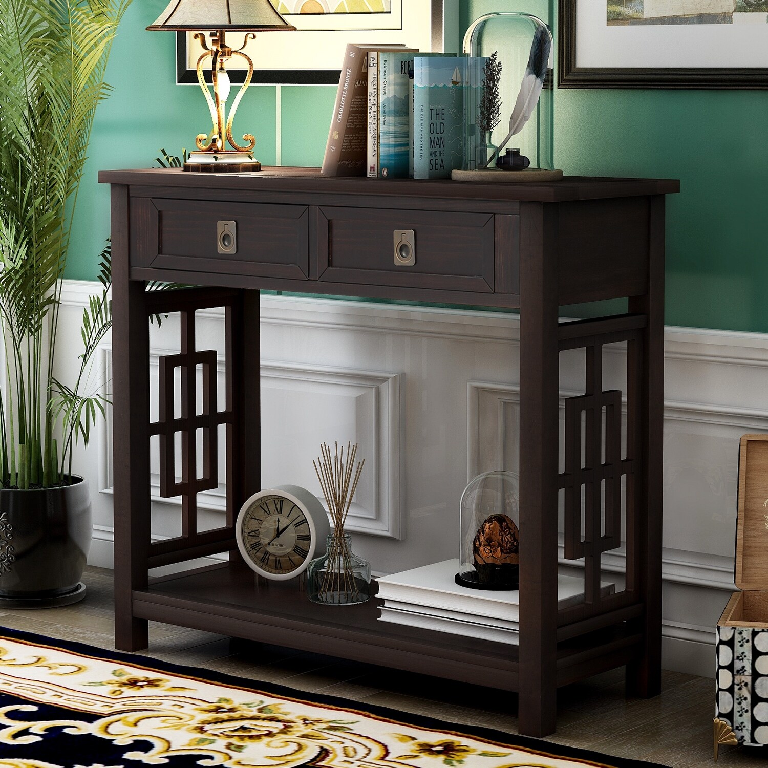 Console Table with 2 Drawers and Bottom Shelf， Entryway Accent Sofa Table (Espresso)