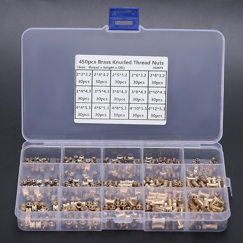 450 Pcs Female Thread Knurled Nuts Brass Threaded Insert Embedment Nuts Hydraulic Welded Assortment Kit