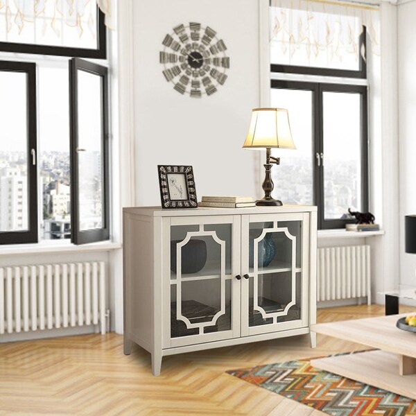 White Wood Console Table Storage Cabinet With 2 Glass Door and Shelf