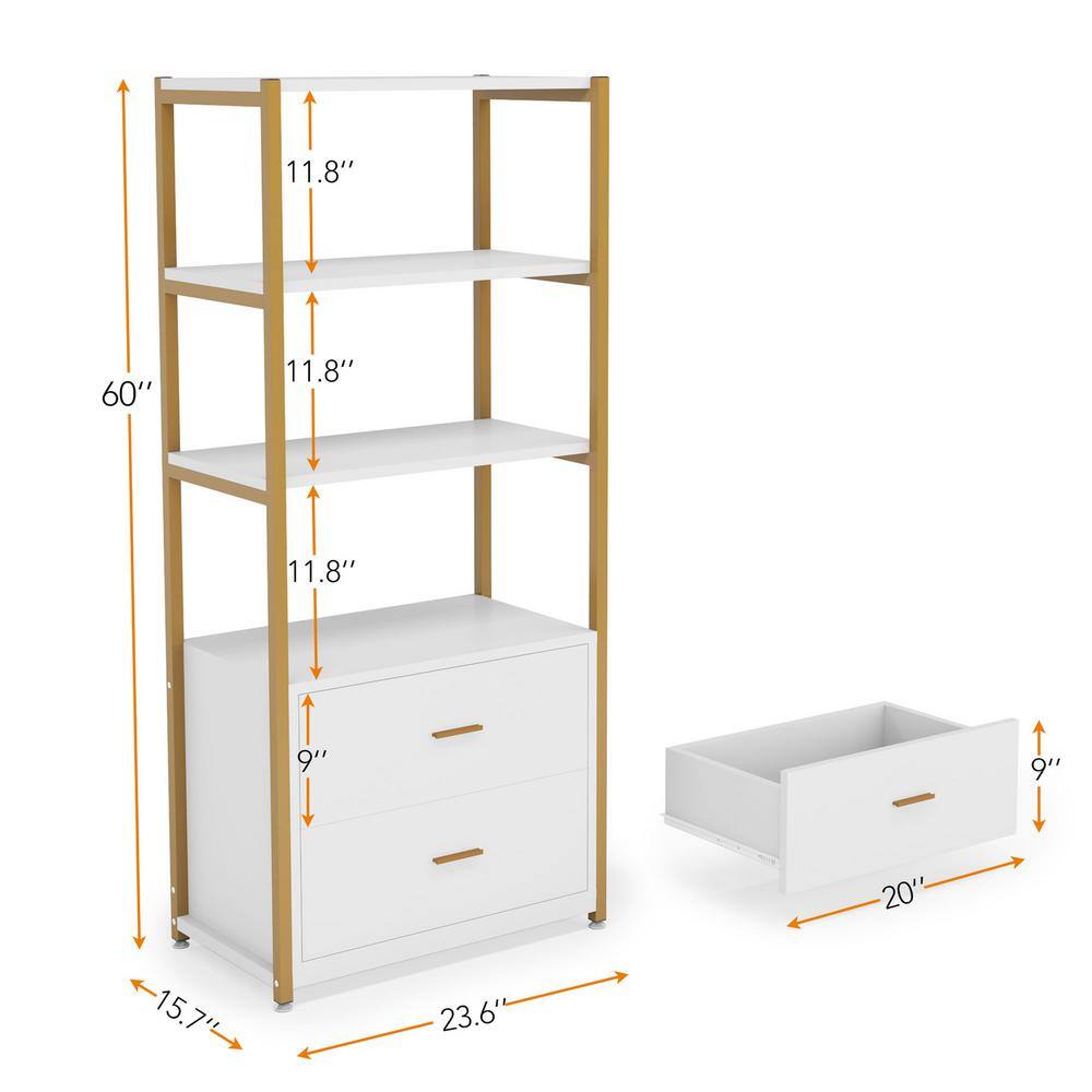 TRIBESIGNS WAY TO ORIGIN Kaduna 23.6 in. Wide White and Gold 4-Shelf Etagere Bookcase with 2-Drawers HD-F1568-WZZ