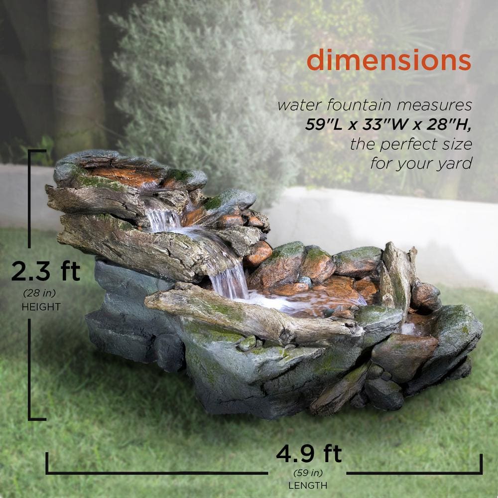 Alpine Corporation 60 in. Long Outdoor 3-Tier Rainforest Rock River Water Fountain with LED Lights WIN558