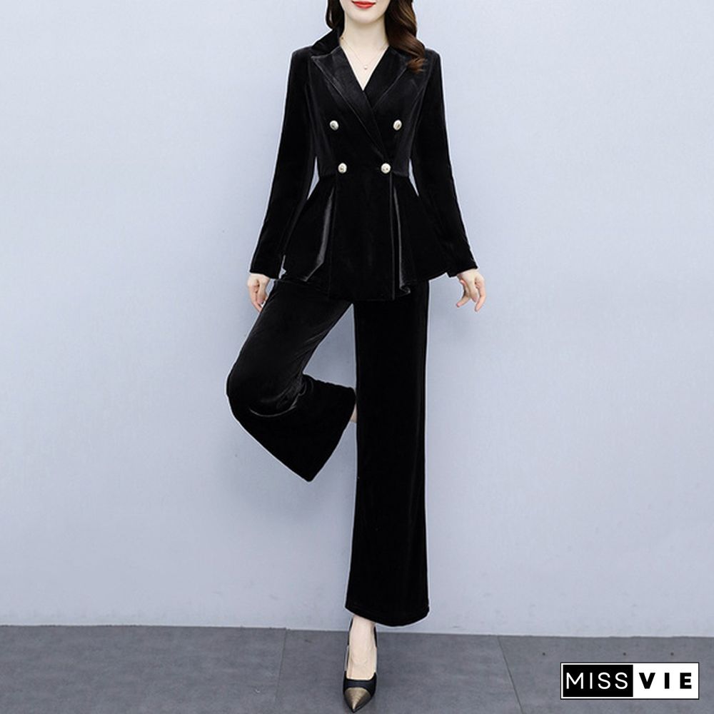 Fashion Women Velvet Peplum Blazer Business Formal Jacket Pants Trousers Suit Set Office Outfits