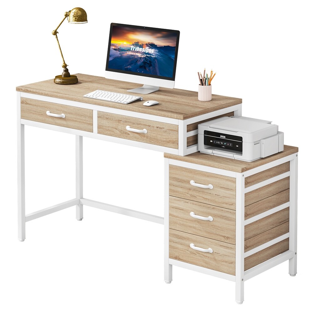 Reversible Computer Desk with 5 Drawers  Home Office Desk with File Cabinet Drawer Printer Stand