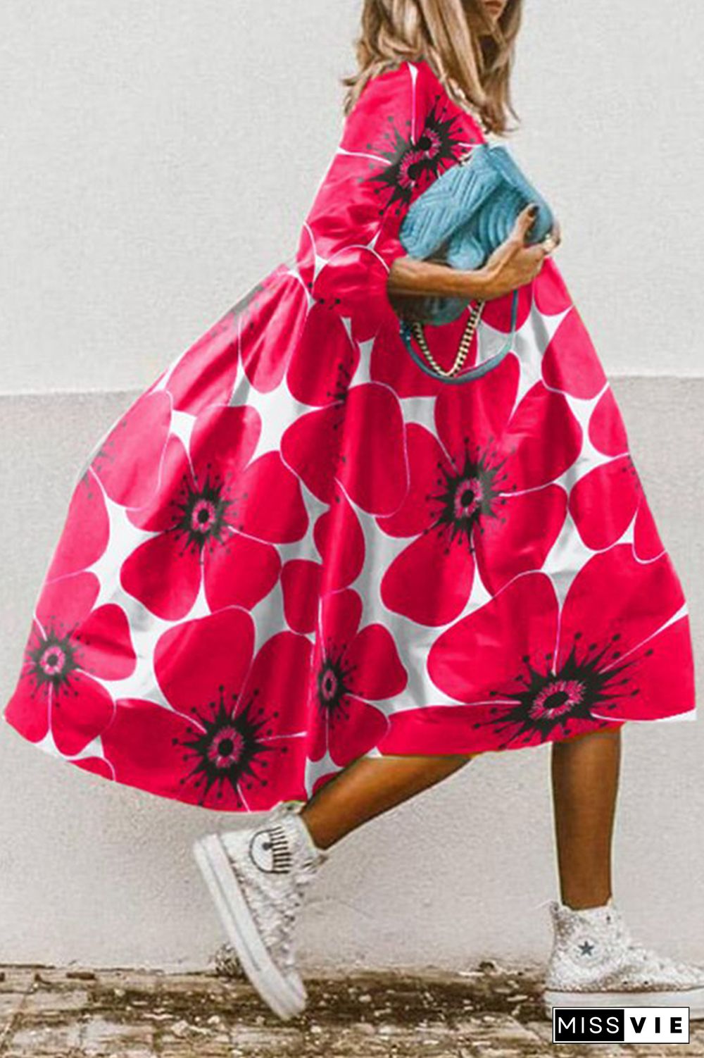 Casual Print Patchwork Turndown Collar Cake Skirt Dresses