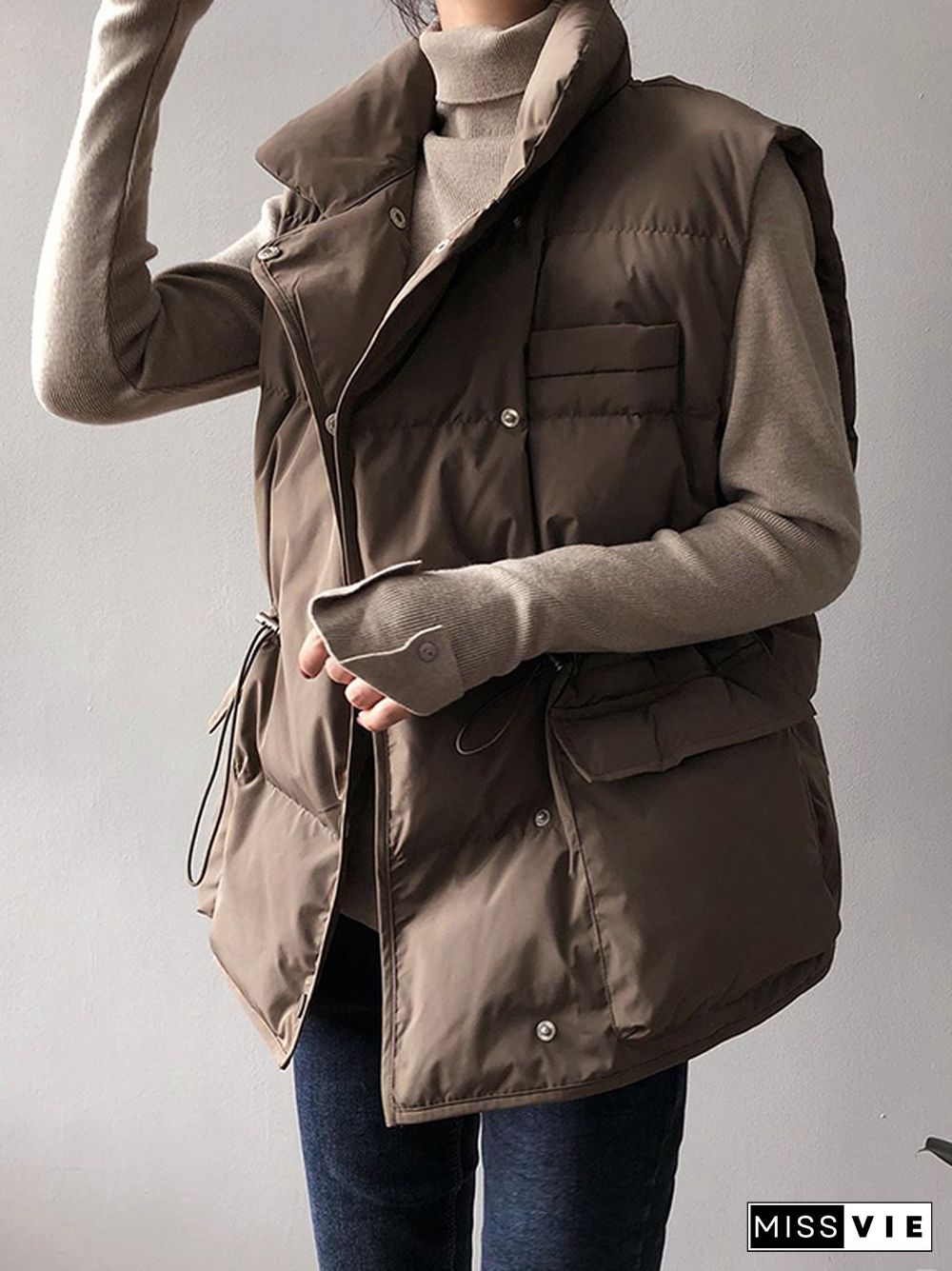 Solid Drawstring Flap Pocket Sleeveless Puffer Jacket