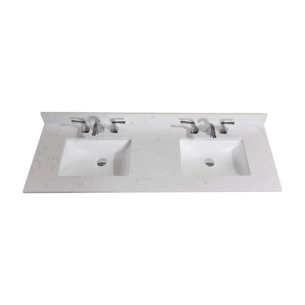 Altair 61 in W Engineered Stone Double Basin Vanity Top in Jazz White with White Basins