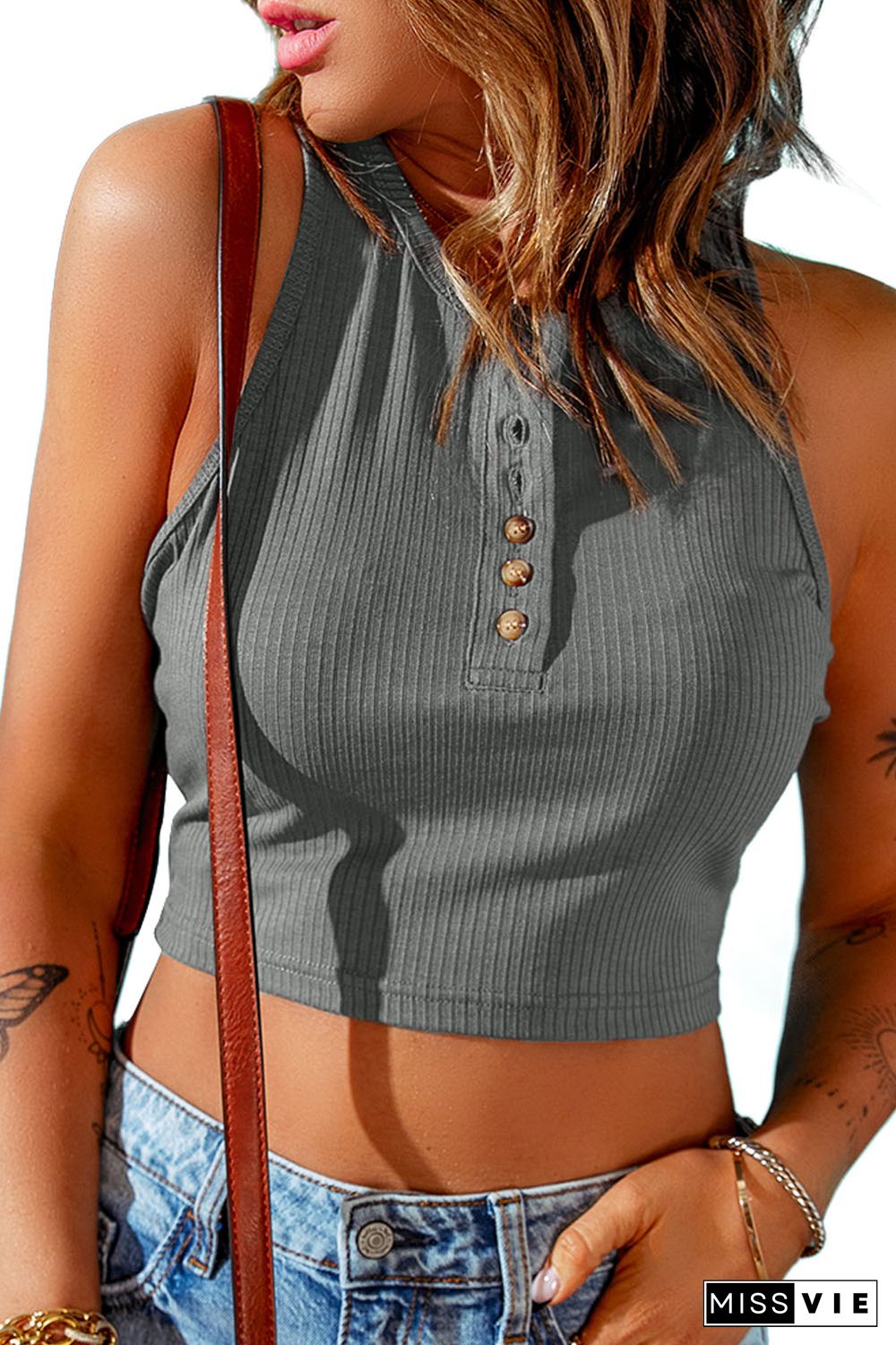 Gray Solid Color Buttons Ribbed Cropped Tank Top