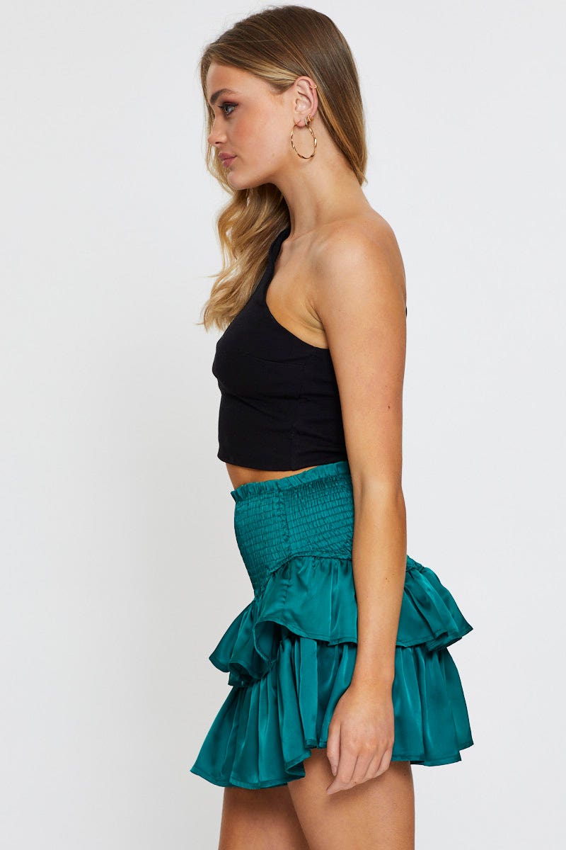 Green Mini Skirt Shirred Waist Satin