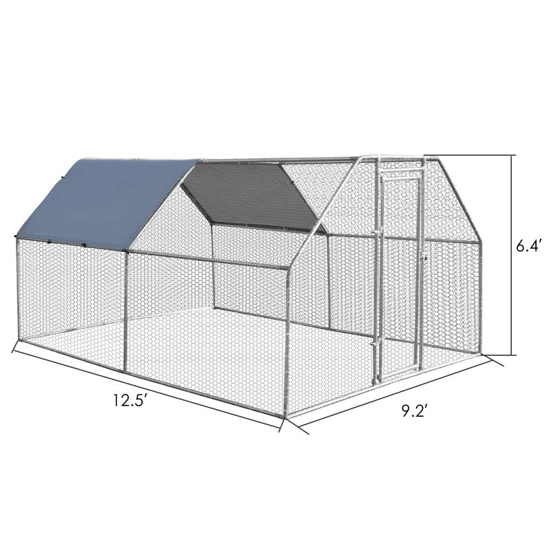 9.5' x 12.5' x 6' Galvanized Metal Large Walk-in Chicken Coop Cage Runs Hen House with Cover & Lockable Door