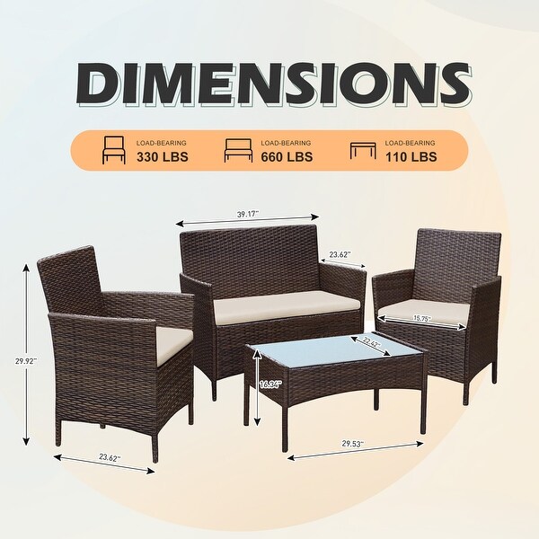 4 Piece Patio Conversation Wicker Furniture Set，Outdoor Rattan Sectional Furniture Set With Cushions