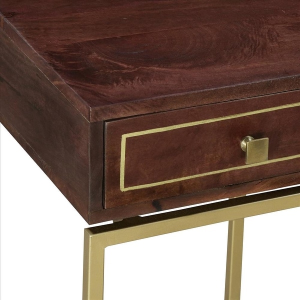 Bedside Table with 1 Drawer and Tubular Metal Legs， Brown and Brass - Brown and Brass - 22 H x 16 W x 15 L Inches