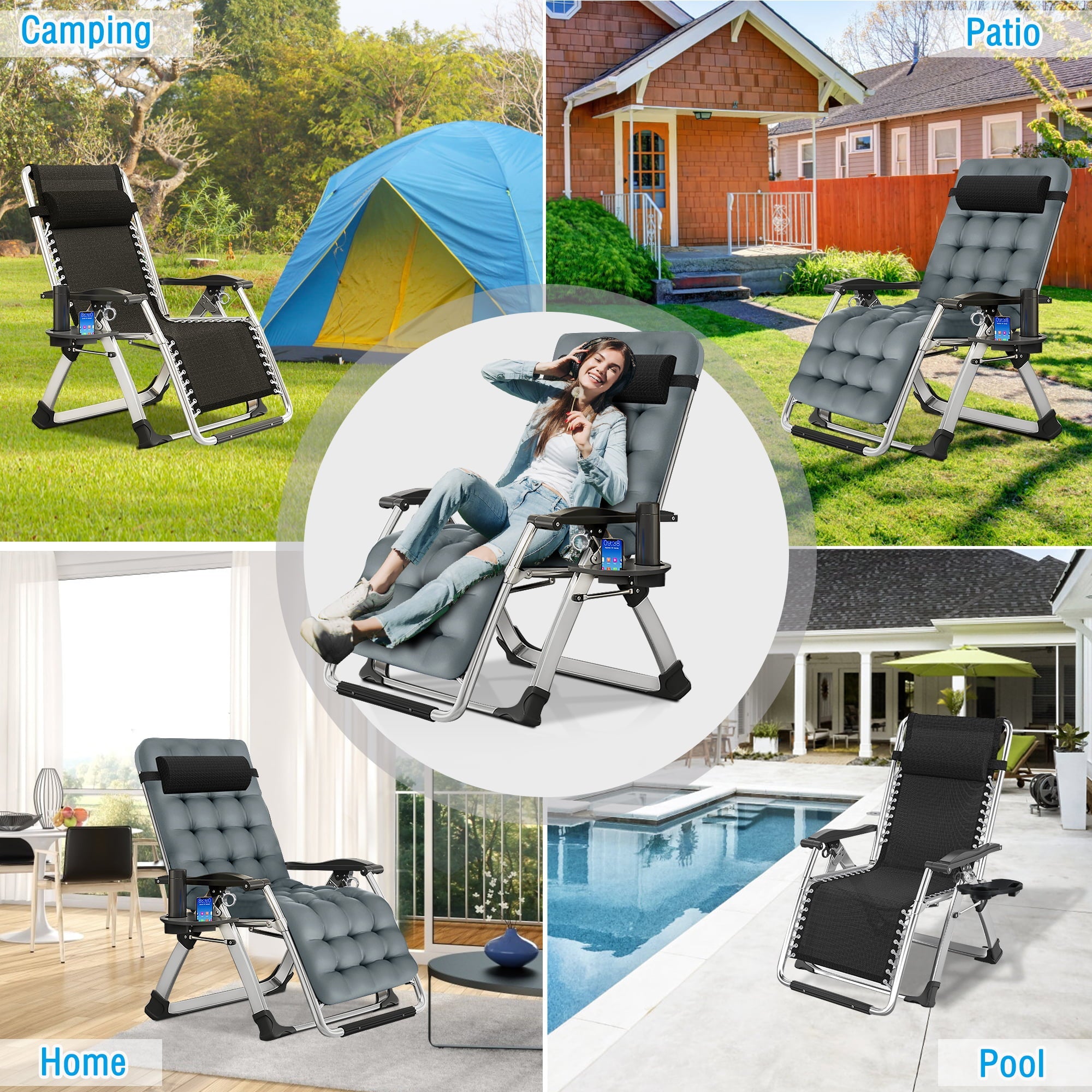 MOPHOTO Zero Gravity chair, folding portable recliner, removable cushion soft cushion, head rest and cup holder, side table for camping, lawn, garden, support 400 LBS