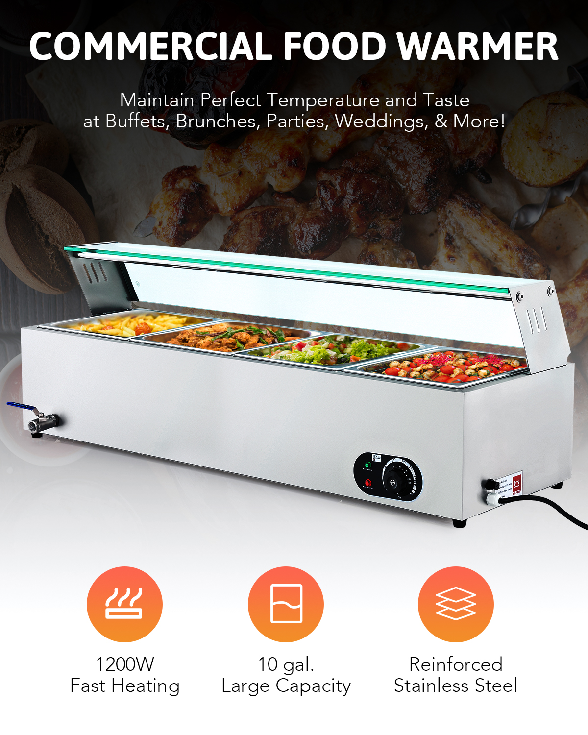 Wilprep 4 Pan Food Warmer for Parties Hotels Restaurants 1200W Buffet Server and Warmer