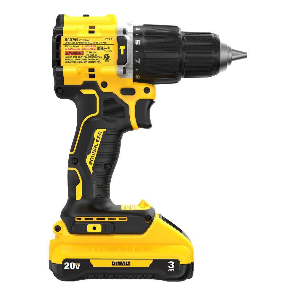 DW ATOMIC 20-Volt Lithium-Ion Cordless 12 in. Compact Hammer Drill with 3.0Ah Battery Charger and Bag DCD799L1