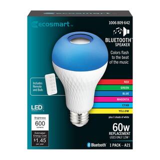 EcoSmart 60-Watt Equivalent A21 Bluetooth Speaker Colored LED Light Bulb Plus Bright White with Remote Control (1-Pack) BTOM60RGB3KESM