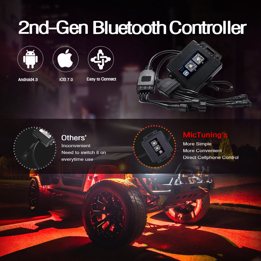 MICTUNING 8 Pods 2nd-Gen RGB LED Rock Light Kit with Bluetooth Controller Timing Funtion Music Mode