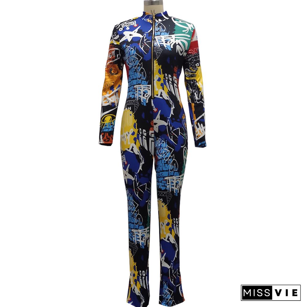 Women Autumn Clothing Digital Print Long Sleeve Front Zipper Bodycon Fitness One Piece Jumpsuit