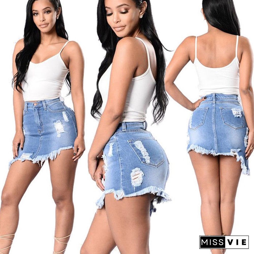 Fashion Women Ladies Ripped Tassel Hem Denim Jeans Short Mini Skirt Dress Plus