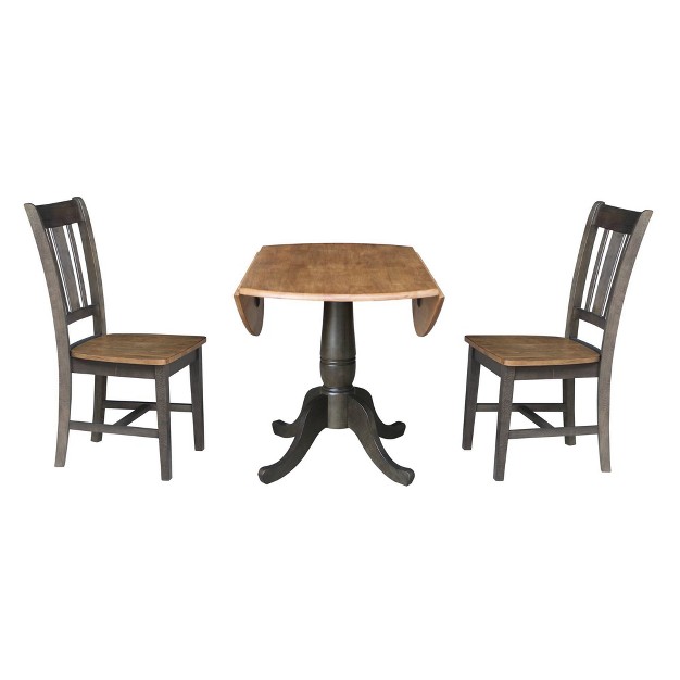 Jordan Round Dual Drop Leaf Dining Table With 2 Splat Back Chairs Hickory washed Coal International Concepts