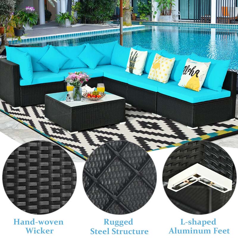 7 Pcs Rattan Patio Furniture Sectional Sofa Set Outdoor Wicker Conversation Set with Back & Seat Cushions Pillows