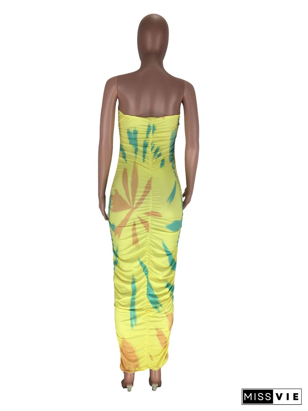 Fashion Printed Strapless Folds Nightclub Maxi Dress