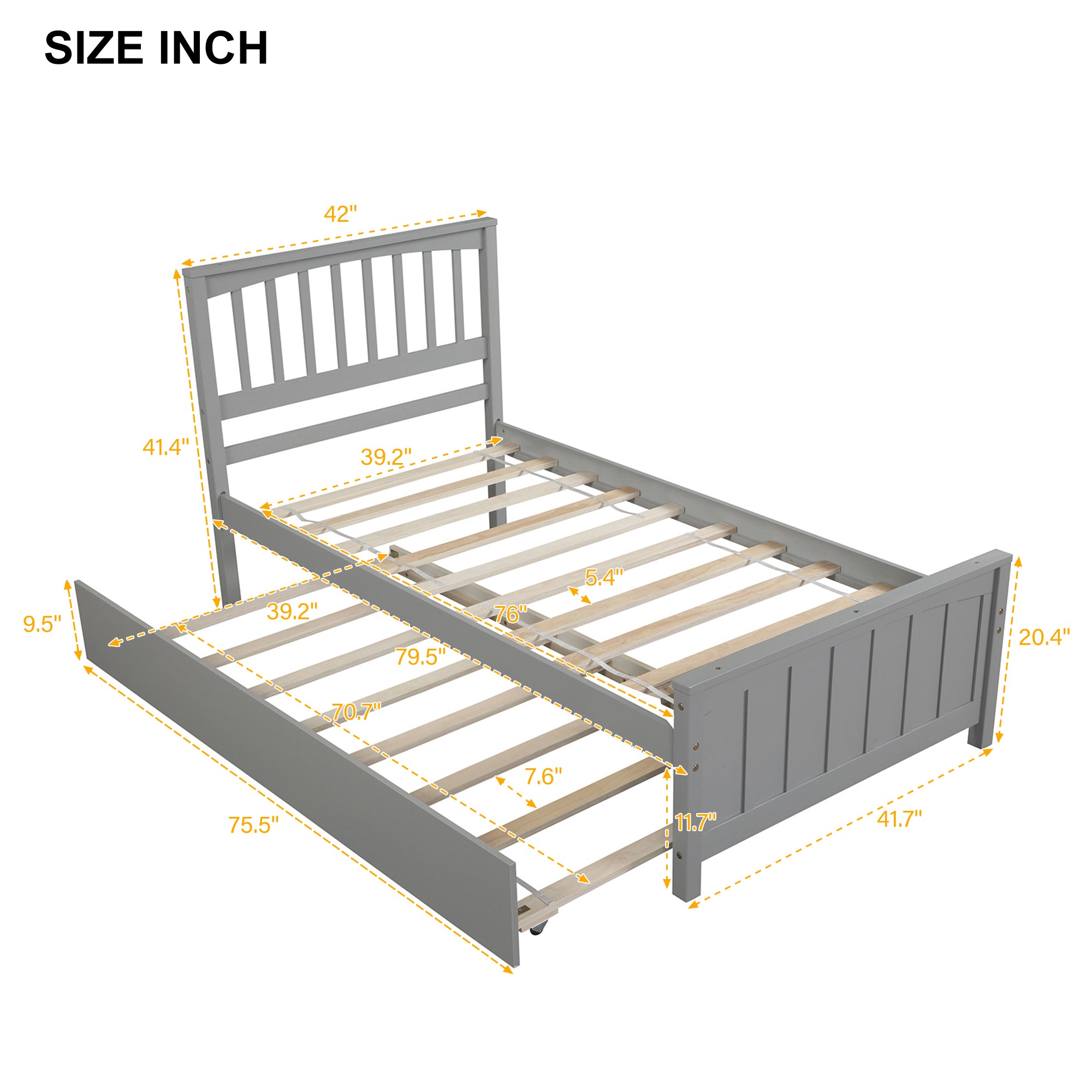 Twin Size Platform Bed with Trundle, Gray