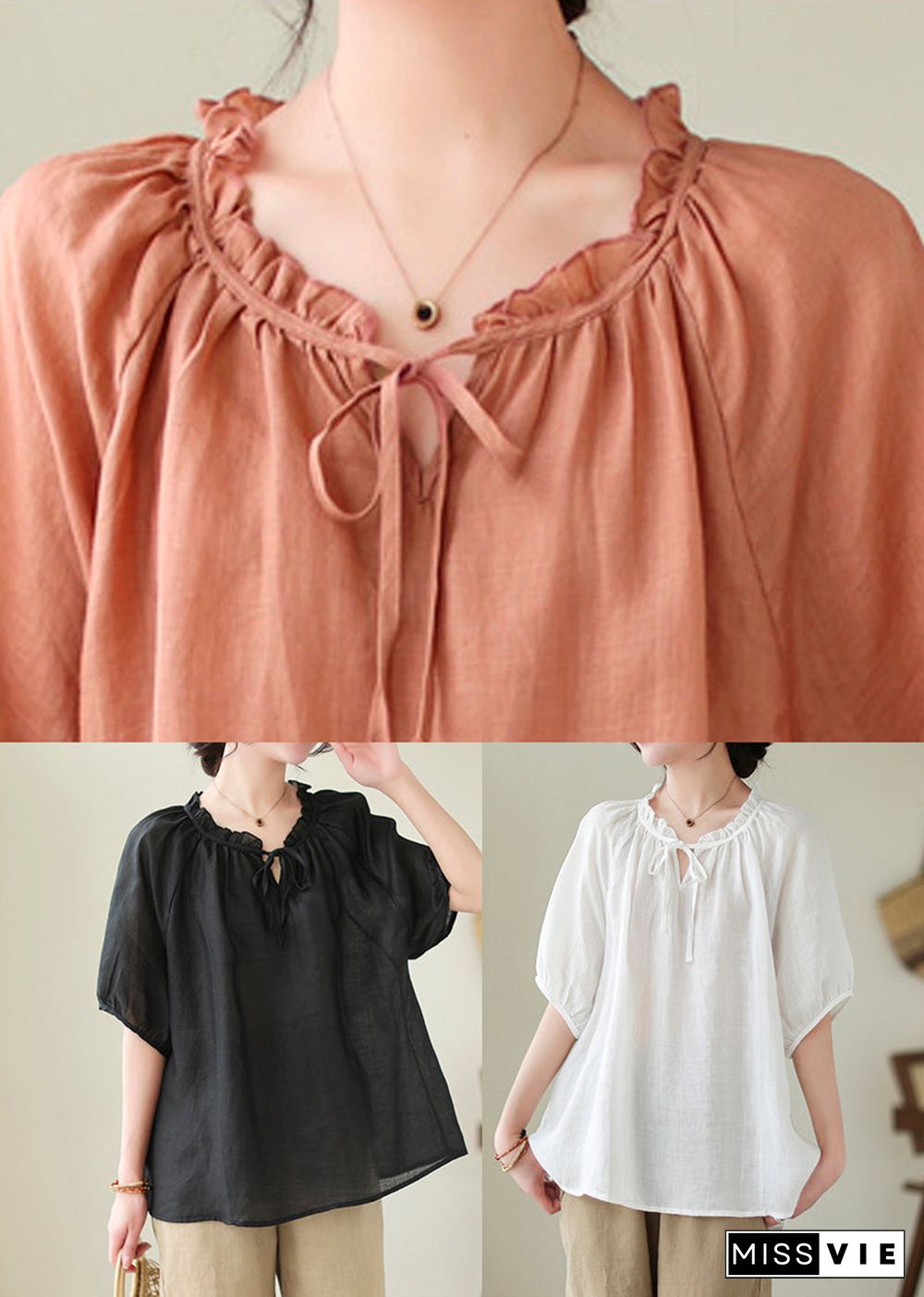 Modern White Lace Up Ruffled Linen Shirts Summer