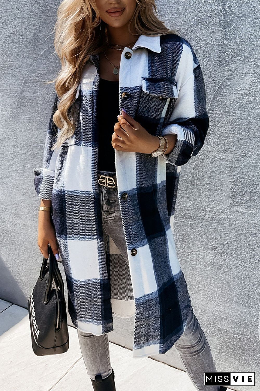 Open Button Pockets Plaid Long Length Jacket