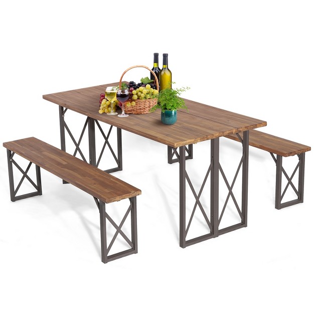 Tangkula 3 Piece Patio Picnic Table Bench Set Outdoor Camping Table Set W Acacia Wood Tabletop amp Seat 2 Umbrella Hole