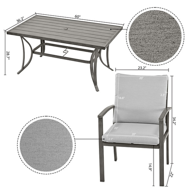 7Piece Aluminum Patio Dining Set with Table and Washable Light Gray Cushions