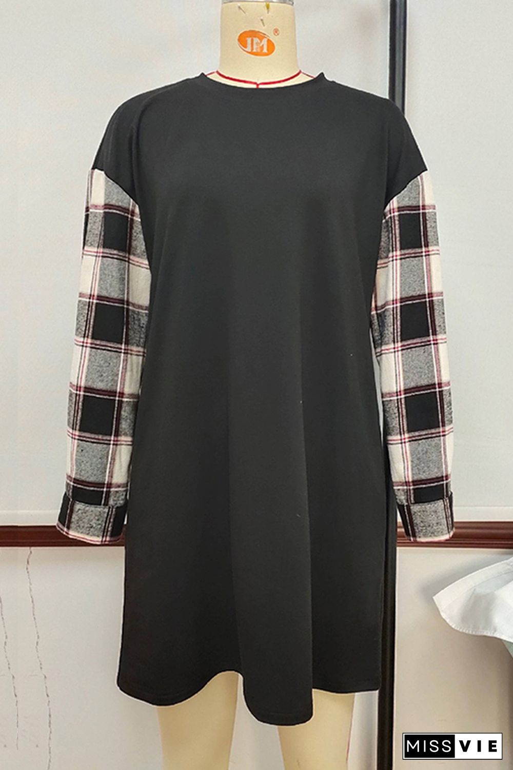 Plaid Splicing Long Sleeve T-shirt Dress Wholesale