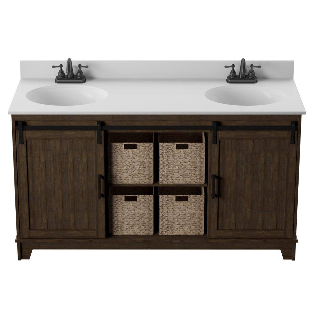 Twin Star Home 60 in.W x 22 in. D x 37.88 in. H Double Sink Bath Vanity in Saw Cut Espresso with White Marble Top and Sliding Barn Door 60BV34004-PD01