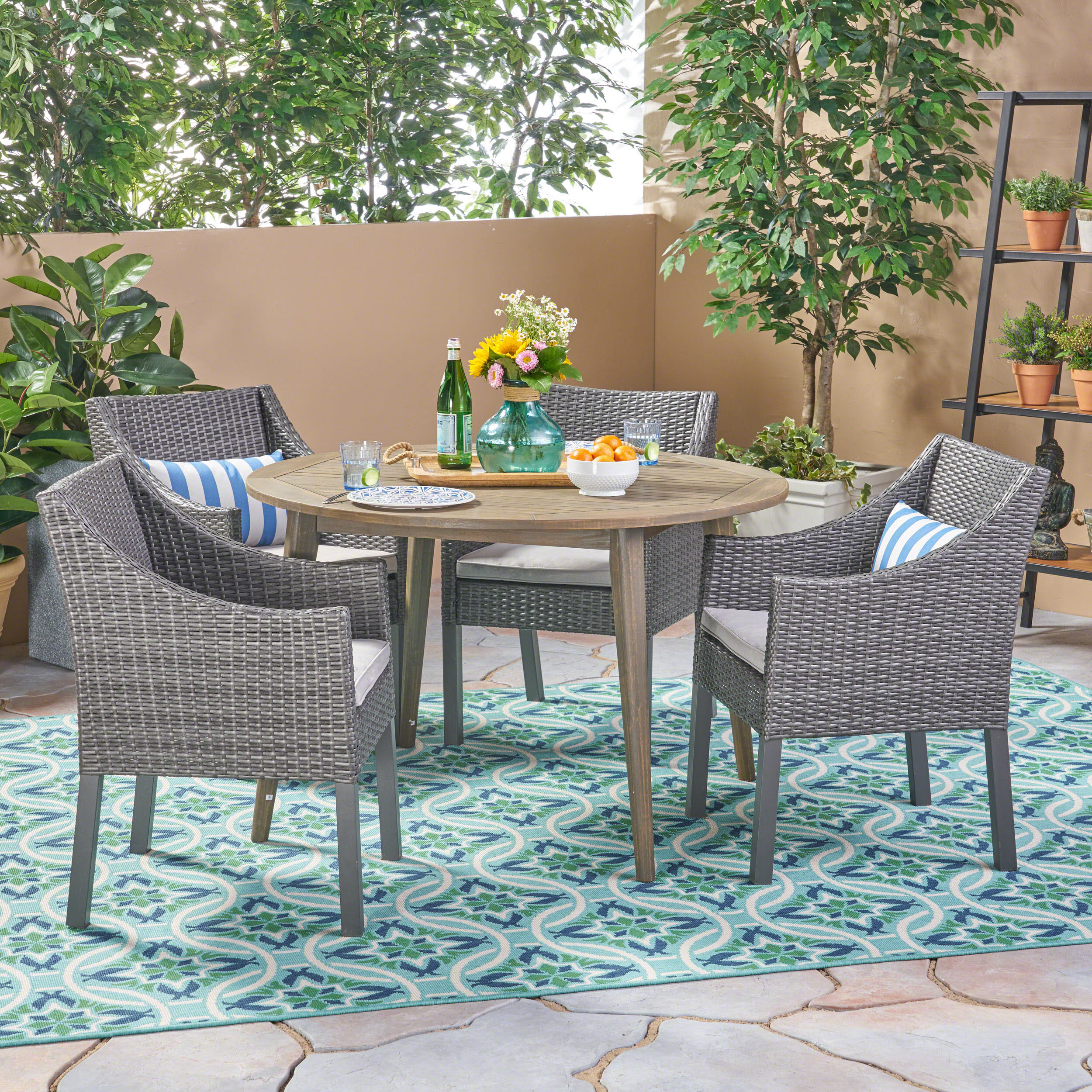 Shipp Outdoor 5 Piece Wood and Wicker Dining Set