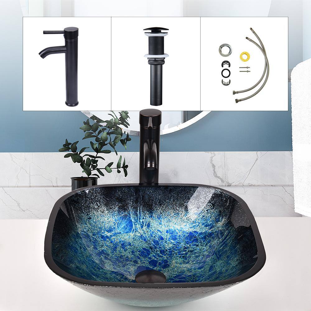 Puluomis Glass Square Vessel Sink in Ocean Blue USBA20076