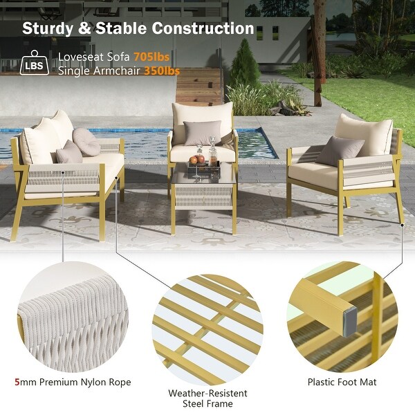 4Pieces Rope Outdoor Furniture Set with Glass Table