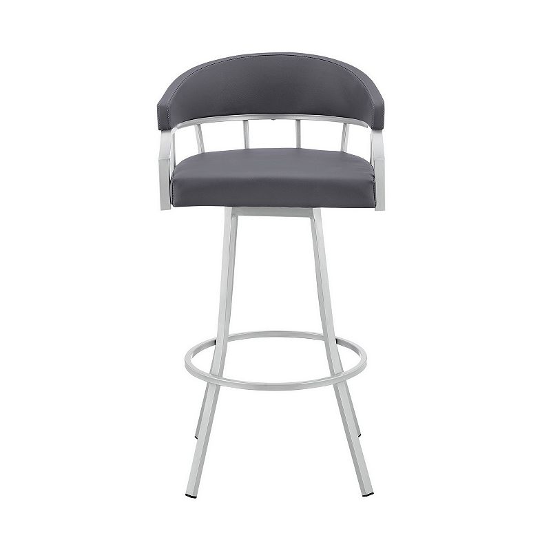 Mayla 30 Inch Swivel Bar Stool， Silver Flared Legs， Gray Faux Leather