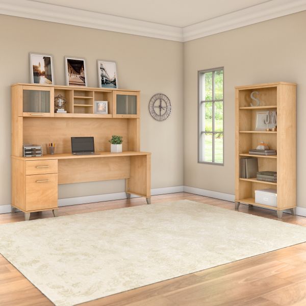 Bush Furniture Somerset 72W Office Desk with Hutch and 5 Shelf Bookcase in Maple Cross