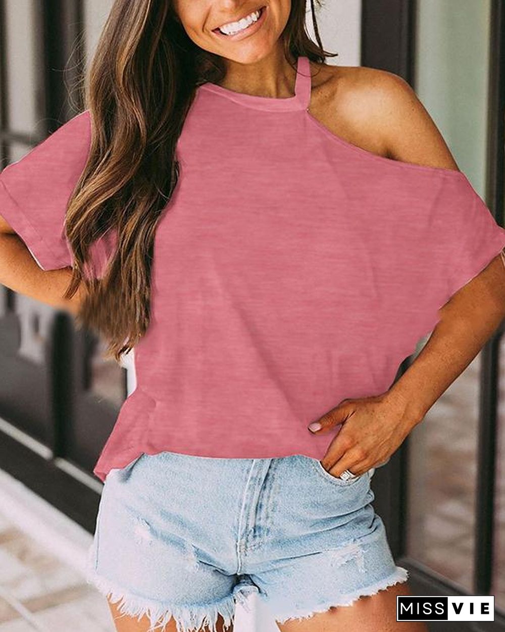 Women Off-Shoulder Short Sleeve Casual T-Shirt