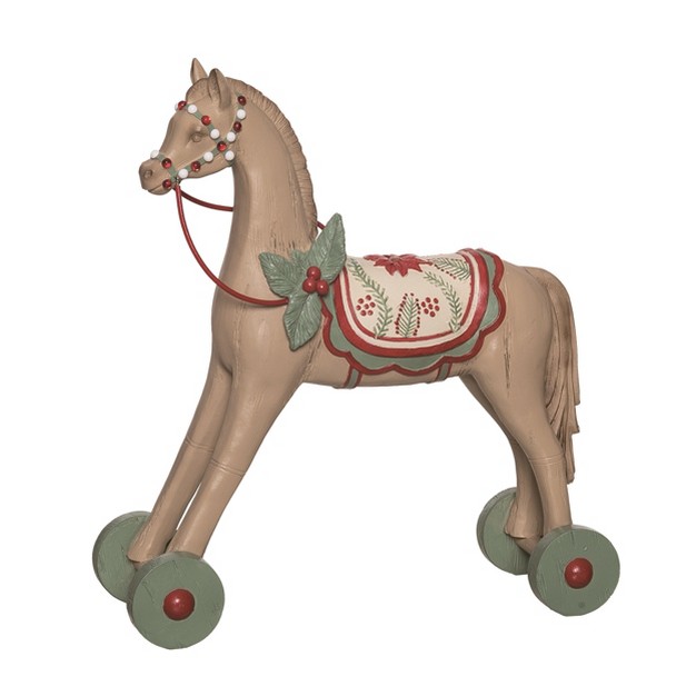 Transpac Resin 14 In Tan Christmas Retro Wheeled Horse Decor