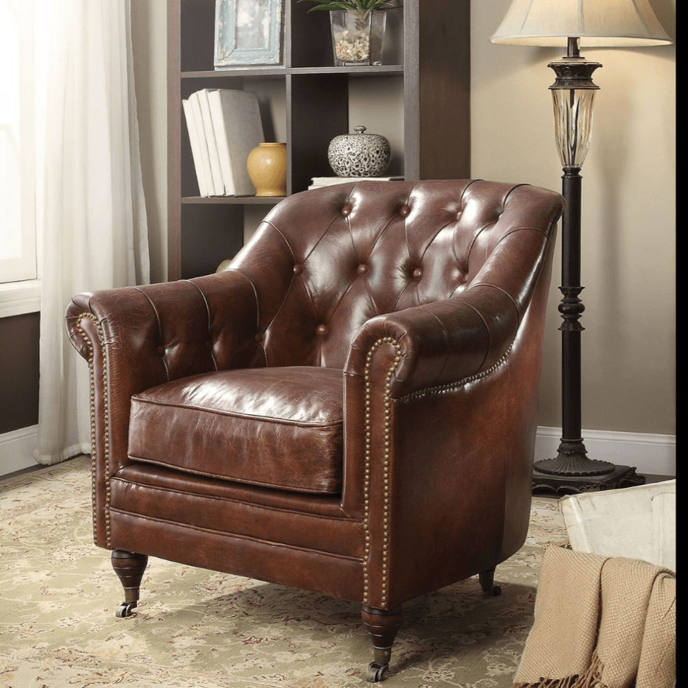 34 quotTop Grain Leather And Brown Tufted Chesterfield Chair   Armchairs And Accent Chairs   by HomeRoots  Houzz