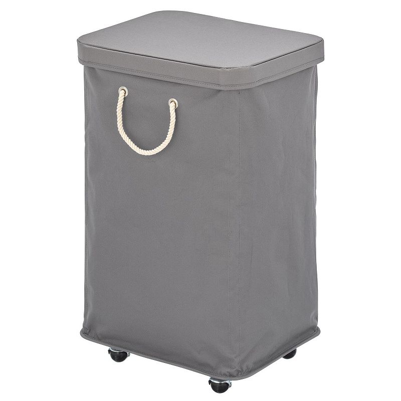 mDesign Polyester Rolling Laundry Hamper with Wheels， Removable Lid， and Rope Carrying Handles - Collapsible Hampers with Wheels for Compact Storage - Tall Single Compartment Basket