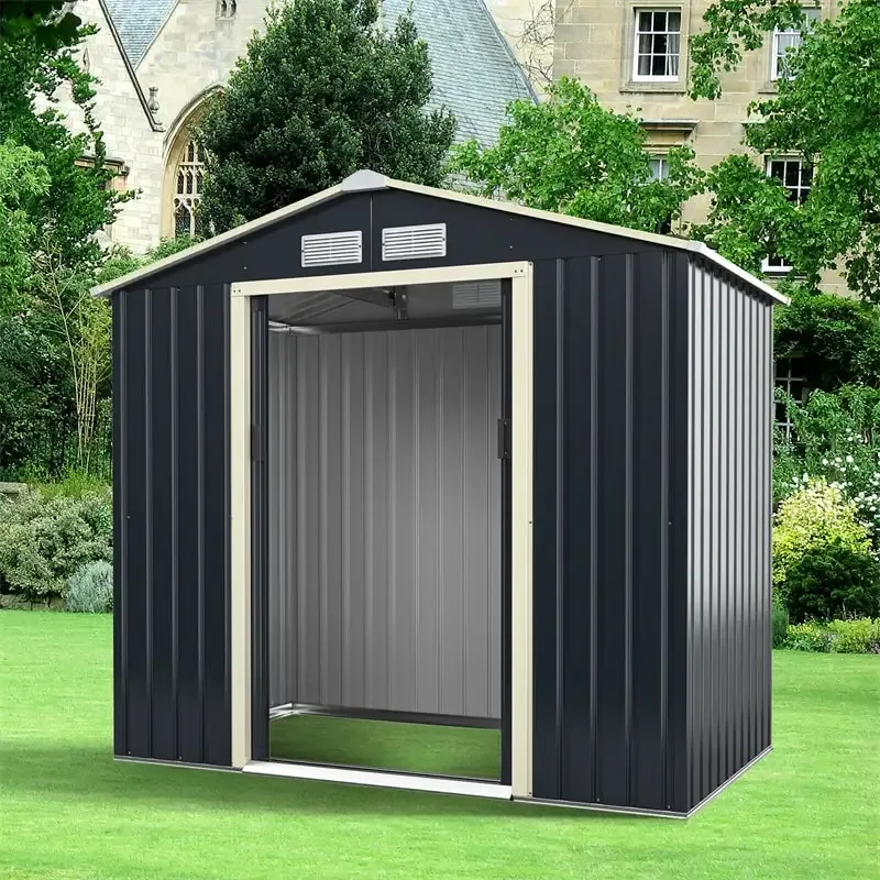 7’ x 4’ Outdoor Metal Storage Shed Backyard Garden Tool Storage Cabinet with 4 Vents & Sliding Double Lockable Doors