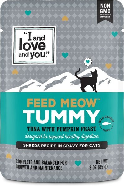 I and Love and You Feed Meow Tummy Tuna and Pumpkin Feast Grain Free Chunks In Gravy Wet Cat Food， 3-oz pouch， case of 24