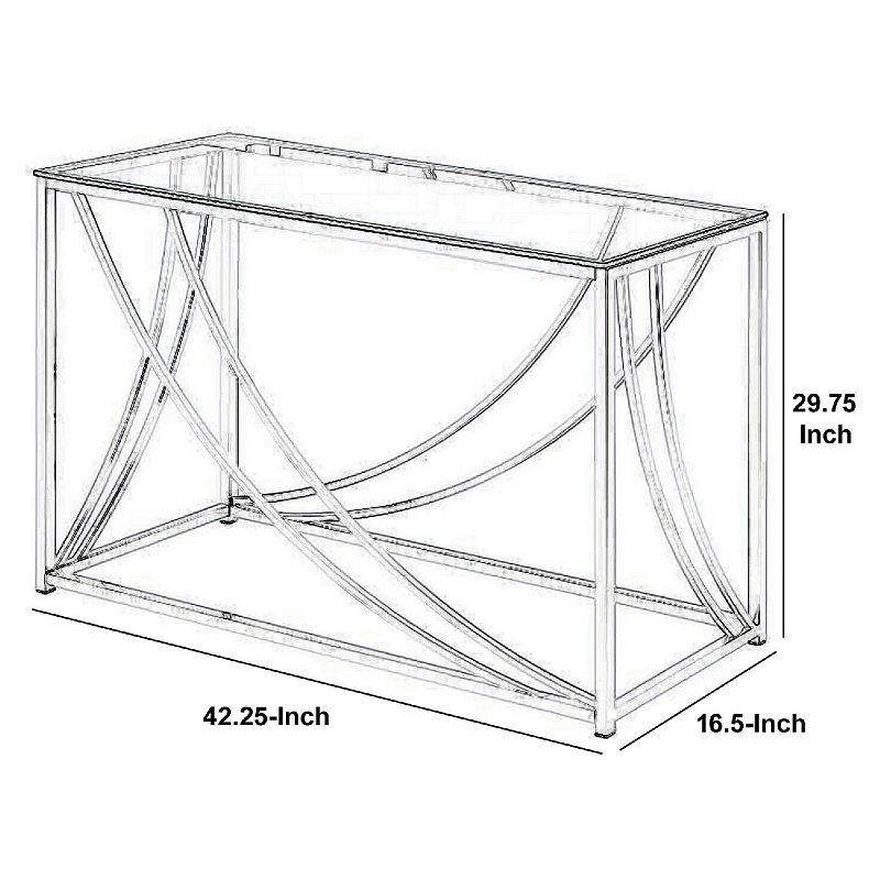 Glass Top Rectangular Sofa Table with Swooping  Curves， Clear and Silver