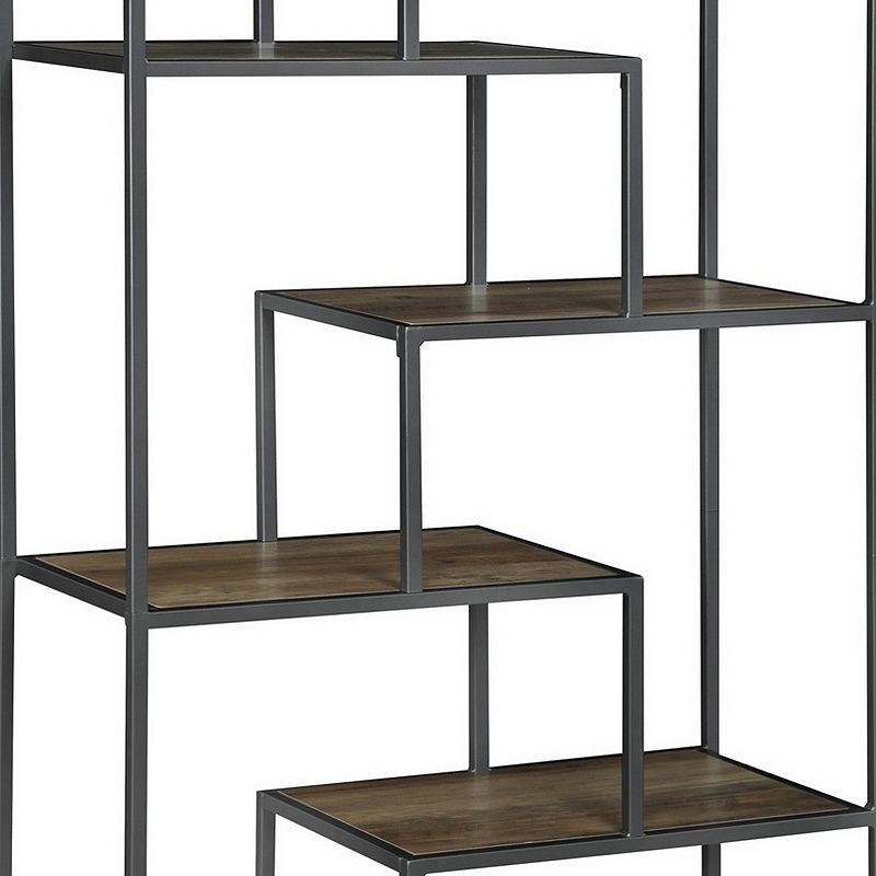 72 Inch Wood Bookcase， Geometric Metal Frame， 7 Shelves， Gray， Brown