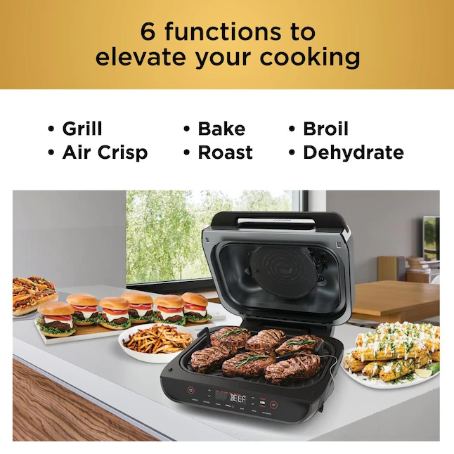 Ninja FG551 Foodi Smart XL 6-in-1 Indoor Grill with Air Fry， Roast， Bake， Broil and Dehydrate， Smart Thermometer， Black/Silver