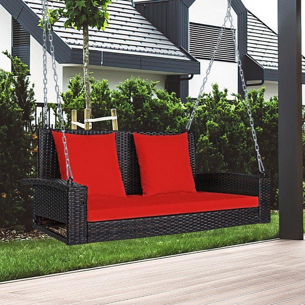 Tangkula Outdoor Wicker Porch Swing Bench 2 person Patio Rattan Swing Chair W Soft Cushions White turquoise red black